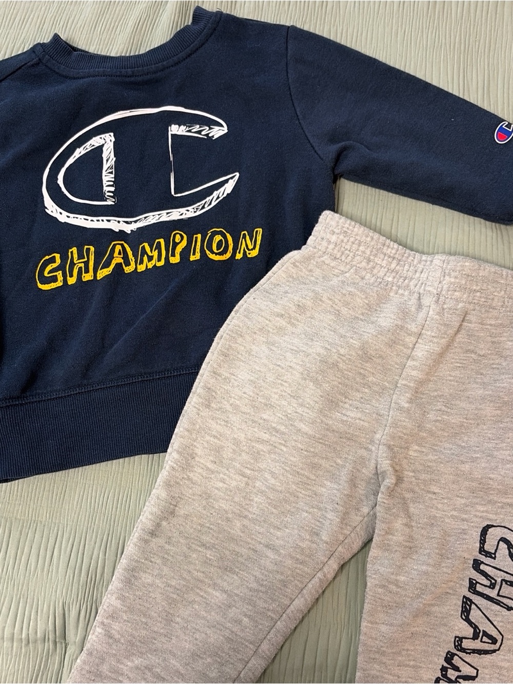 Champion Navy Sweatshirt & Light Gray Joggers Set with Yellow Logo